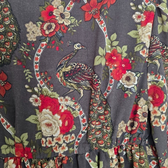 H&M Womens Babydoll Tunic Dress SIZE 4 Boho Peacock Bird Floral Lined 3/4 Sleeve - Picture 10 of 13